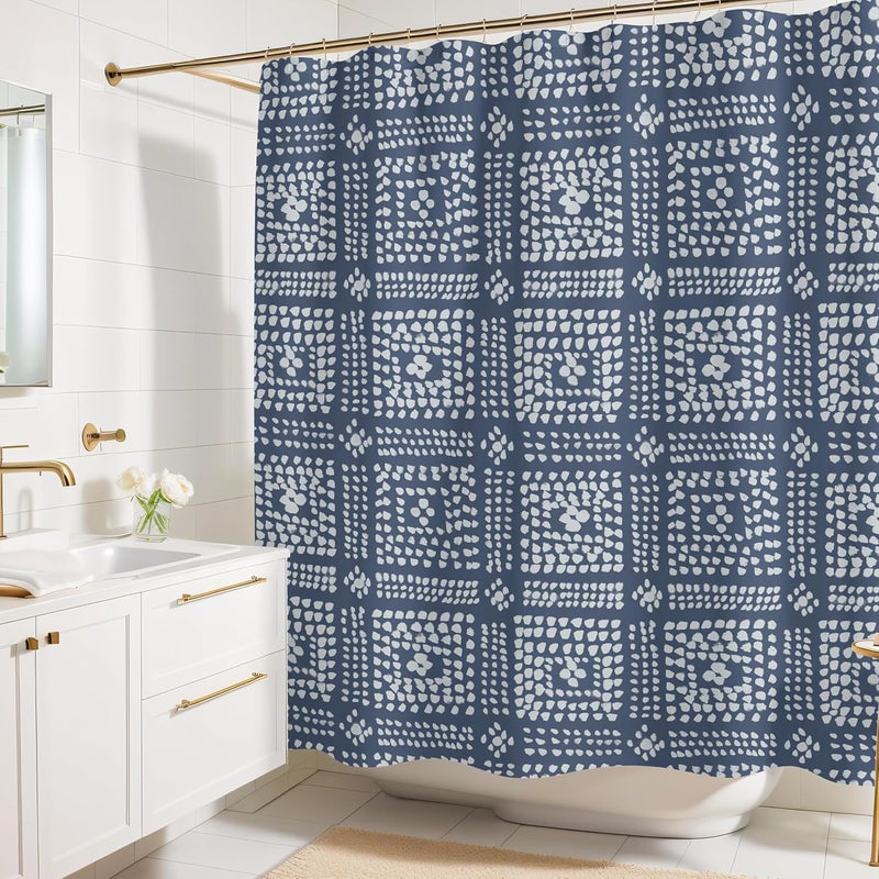 Worthwhile Goods Modern Blue Shibori Print Shower Curtain - Boho Geometric Dot Pattern - Mudcloth Design - Decorative Fabric Shower Curtain for Any Bathroom - 72x72 Inches (Shibori) - Image 1